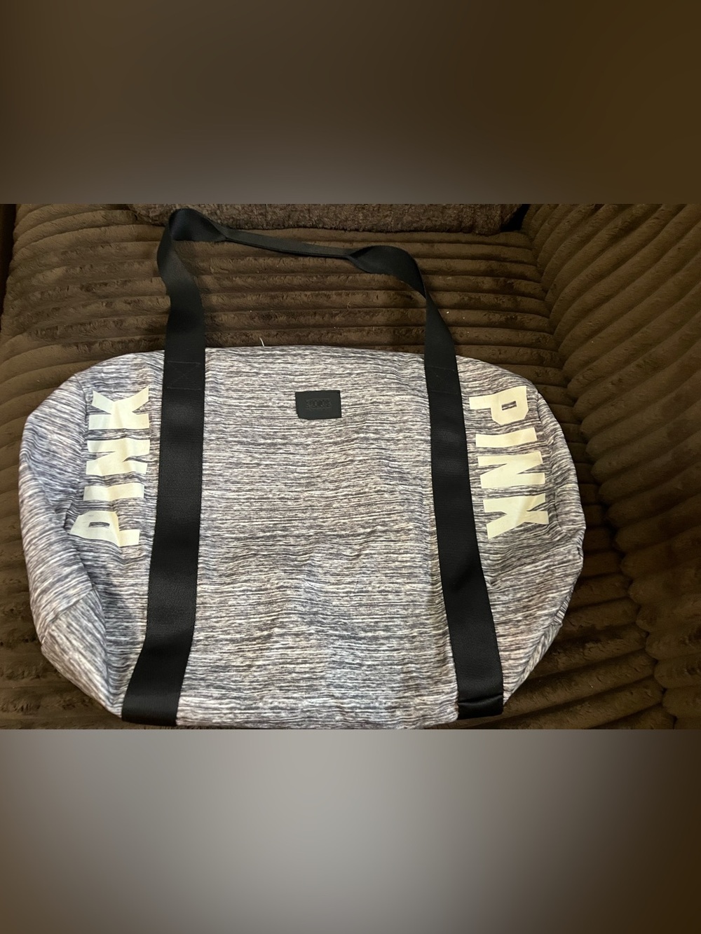 PINK Victoria's Secret Gray Marled Duffel with Black Straps and White Logo